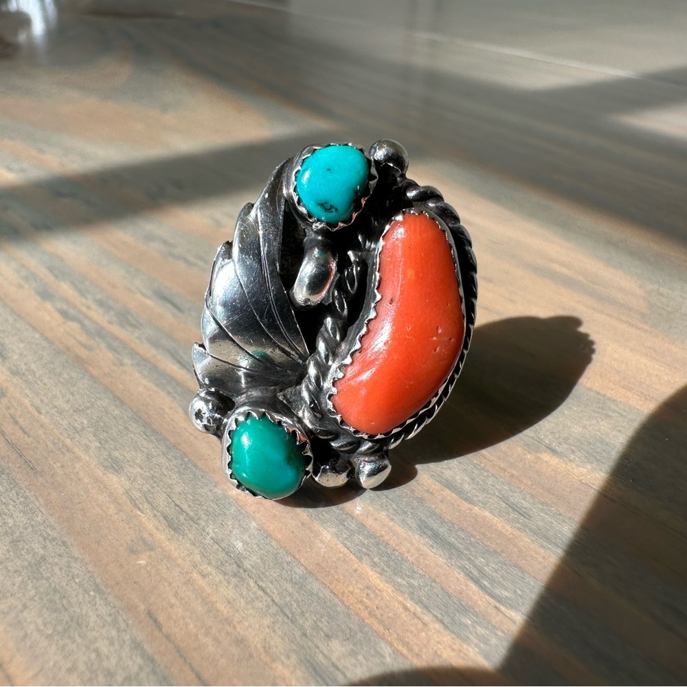 Vintage Native American Turquoise Coral Signed Sterling Silver Ring